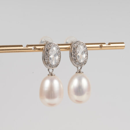 Silver Pearl Drop Earrings with Sparkling Stones DE1024