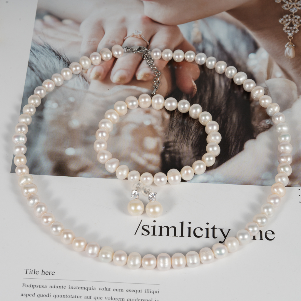 Pearl Jewelry Set Including Necklace, Bracelet and Earrings NE1077BESE1065 - Image 4