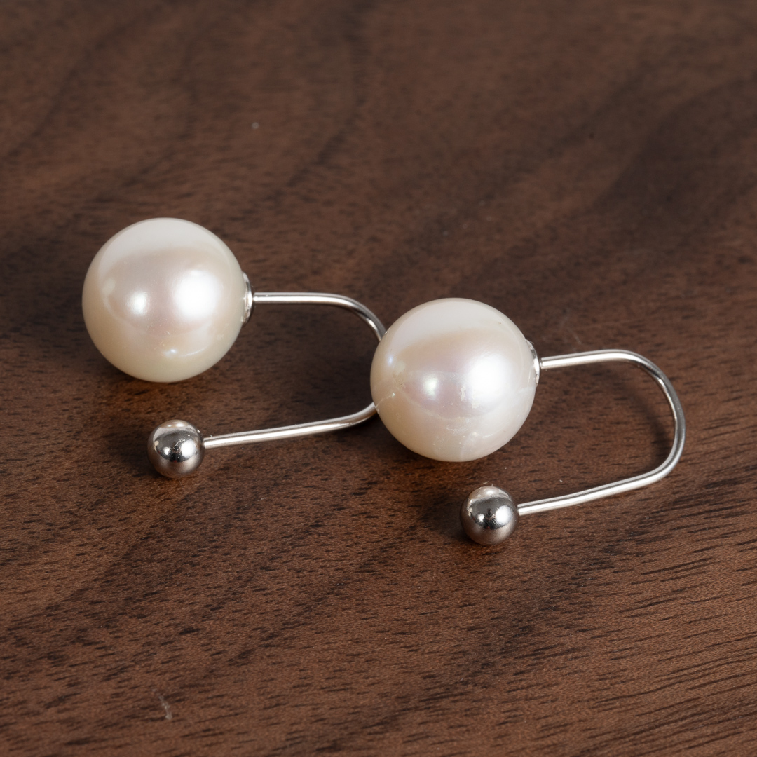 White Pearl Earrings with Round Beads (Top and Bottom) - Large Size DE1035 - Image 2