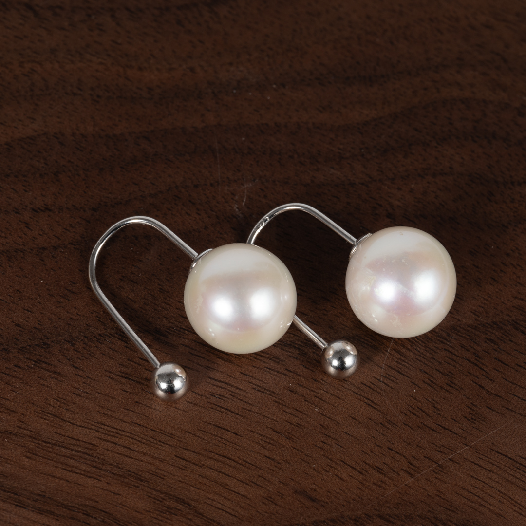 White Pearl Earrings with Round Beads (Top and Bottom) - Large Size DE1035
