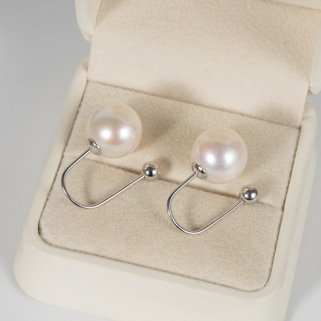 White Pearl Earrings with Round Beads (Top and Bottom) - Large Size DE1035 - Image 3