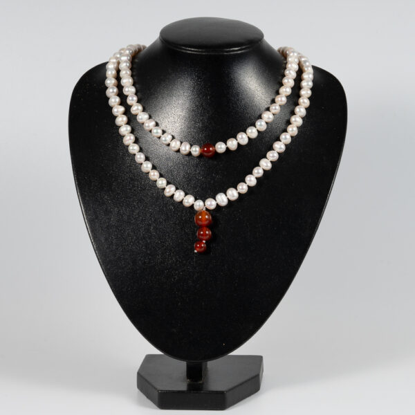 Long Pearl Necklace with 108 Beads and Red Agate Stones NP1074